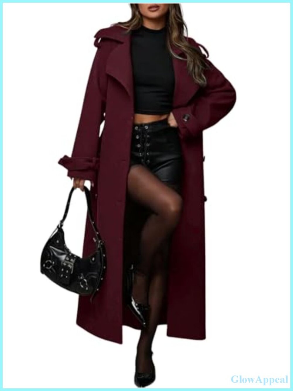 Womens Double Breasted Wool Blend Pea Coat Midi Long Trench with Belt Business